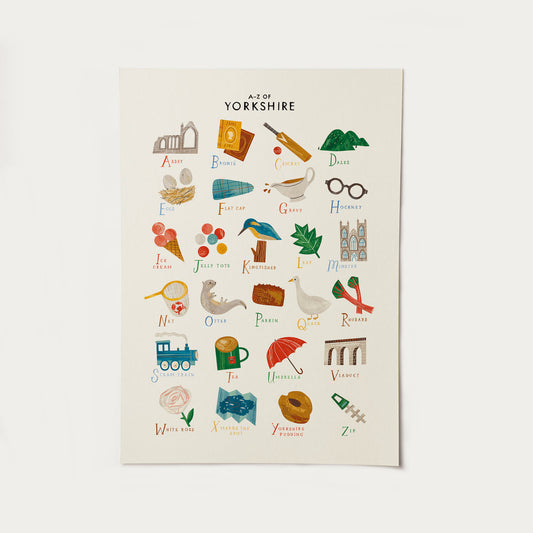 Illustrated poster of A-Z of Yorkshire with various icons 