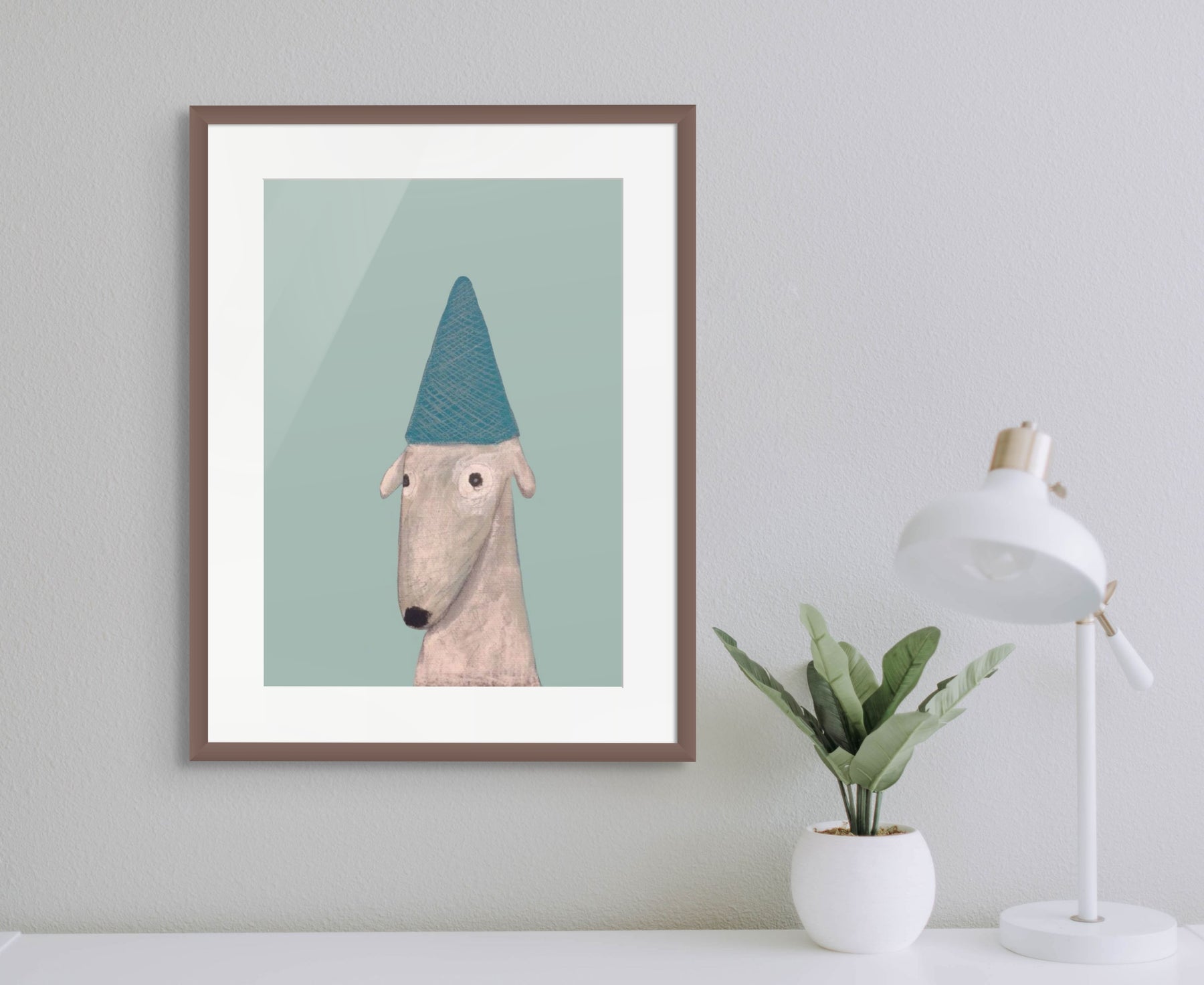print of dog wearing a party hat.