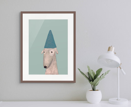print of dog wearing a party hat.