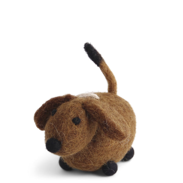 Hand made felt brown dog on a white background