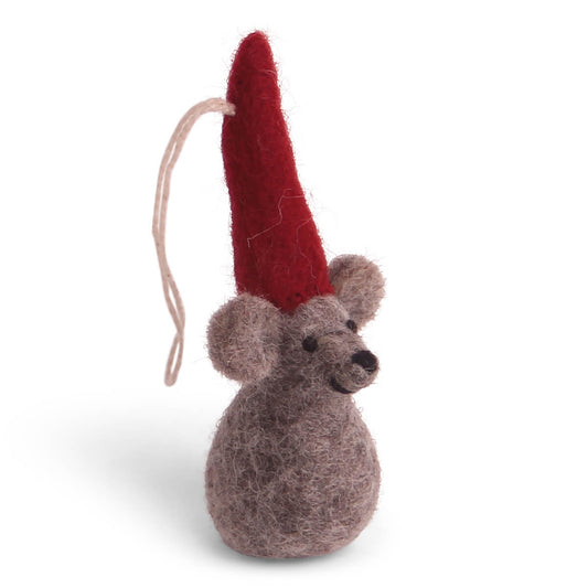Felted mouse ornament with a red hat on a white background
