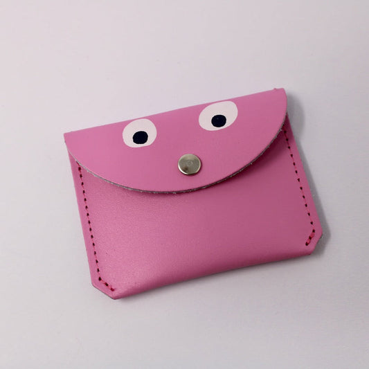 small leather purse pink with googly eyes