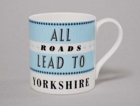 Blue and white bone china mug  all roads lead to yorkshire
