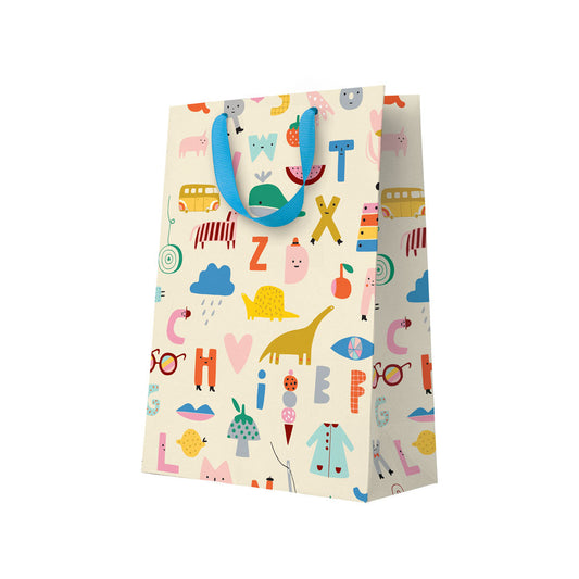 Colourful children's gift bag with alphabet and animal pattern on a white background