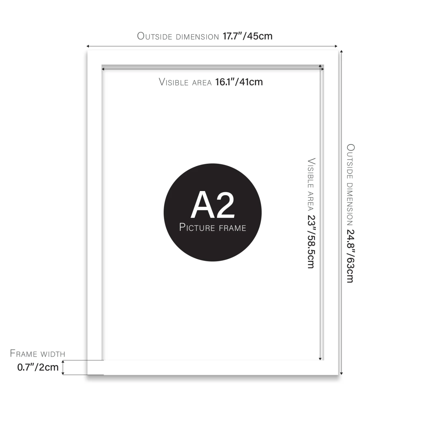 A2 picture frame with dimensions labeled on a white background