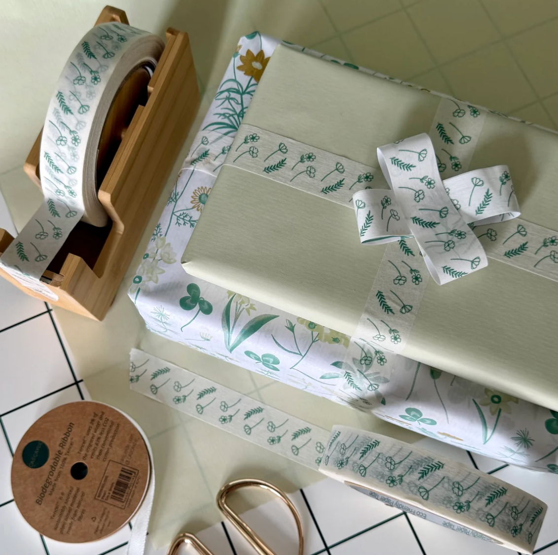 50m Paper Tape - Green Floral (24mm wide)