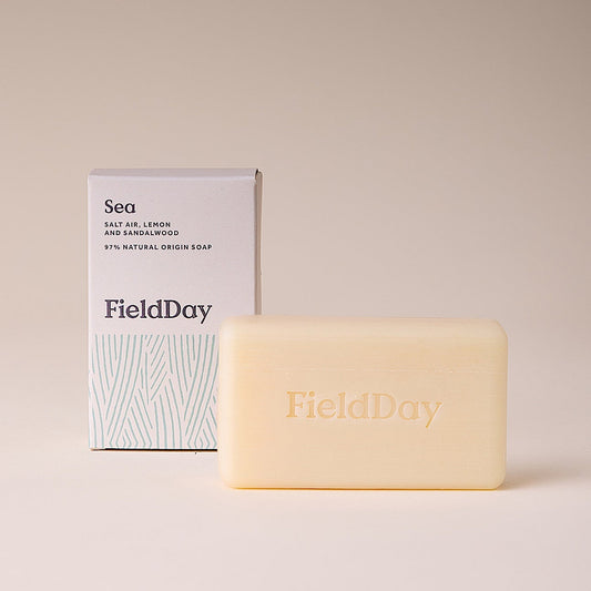 FieldDay sea soap bar and packaging on a beige background