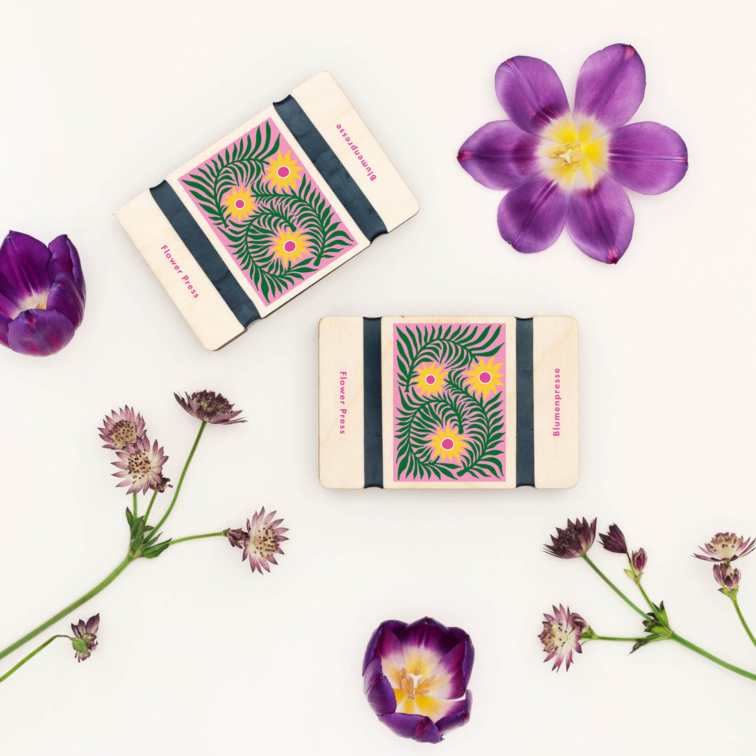 Two floral-patterned Flower presses with purple flowers and green stems on a white background