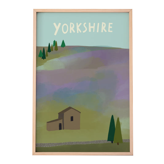 a framed print of a Yorkshire Moorside showing the famours Yorkshire purple heather and stone barns
