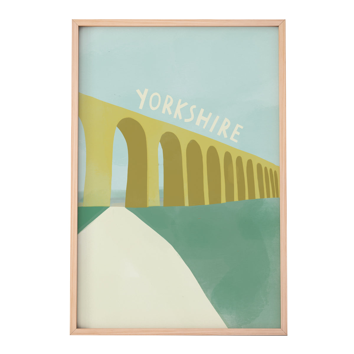 a framed print showing a simple illustration of a famous Yorkshire viaduct with the word Yorkshire written in a hand rendered font