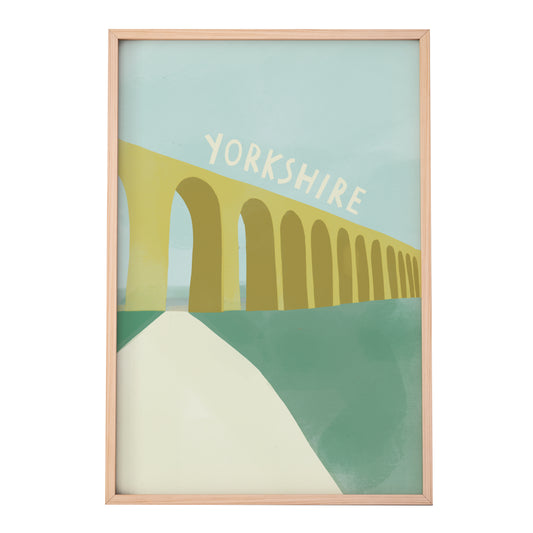 a framed print showing a simple illustration of a famous Yorkshire viaduct with the word Yorkshire written in a hand rendered font