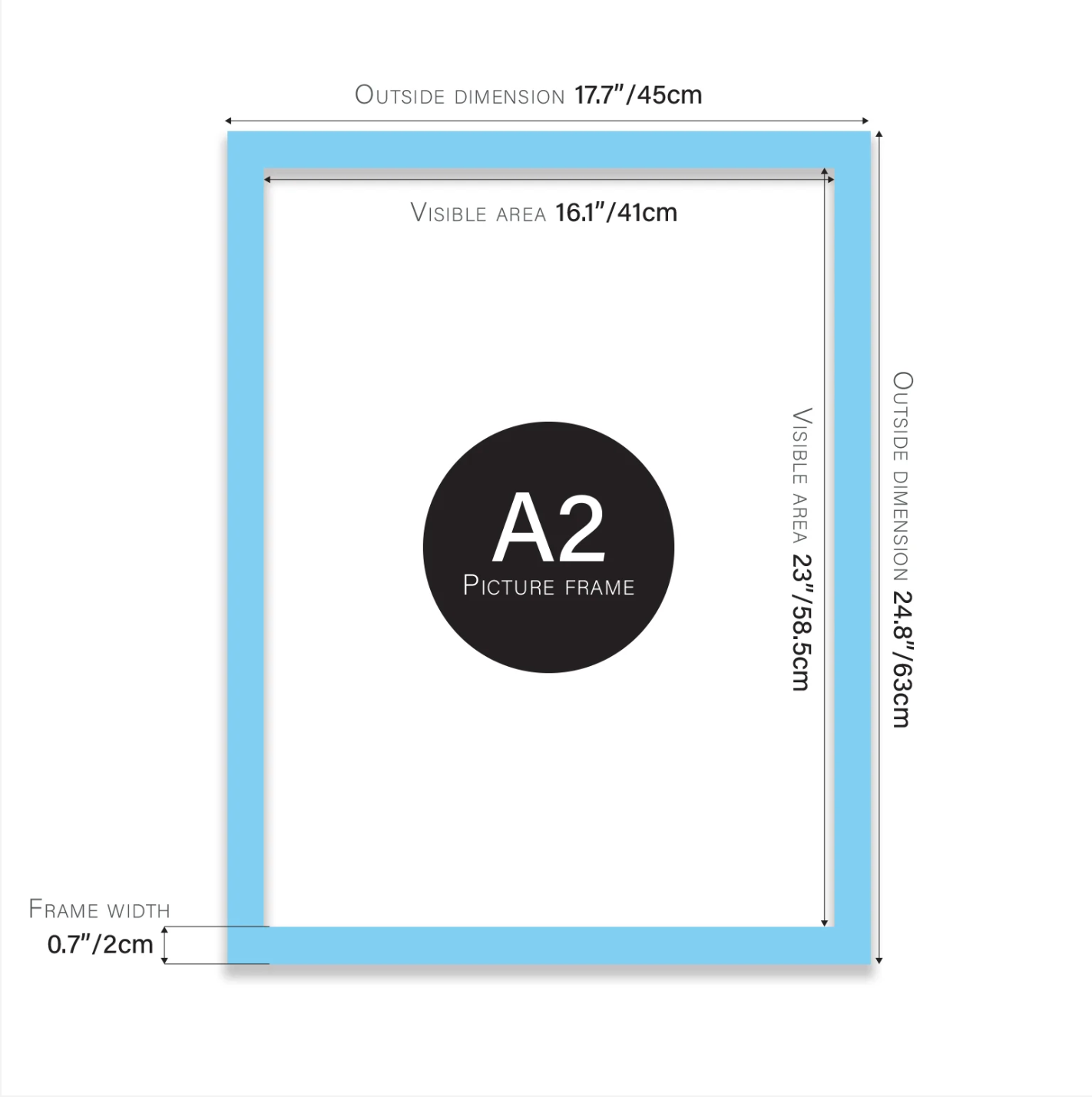 A2 picture frame with dimensions labeled on a white background