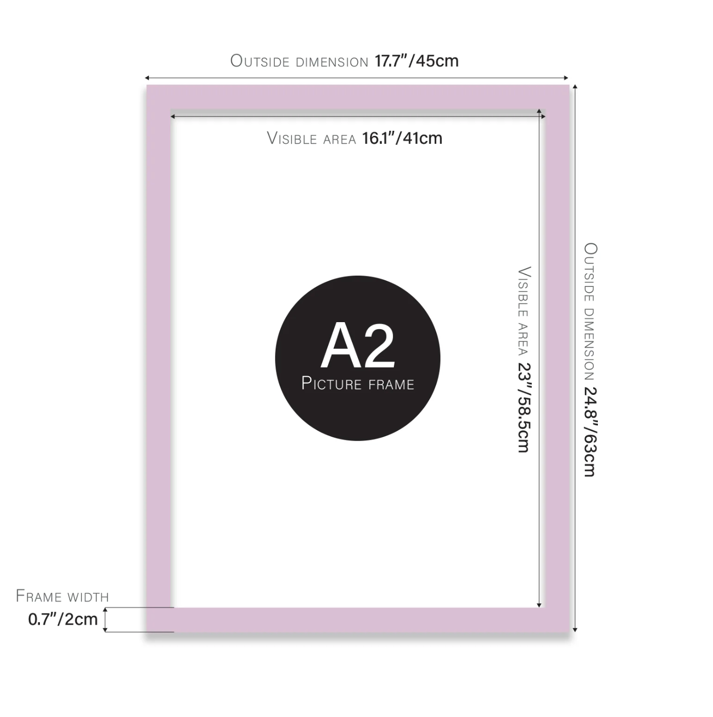 A2 picture frame with dimensions labeled on a white background