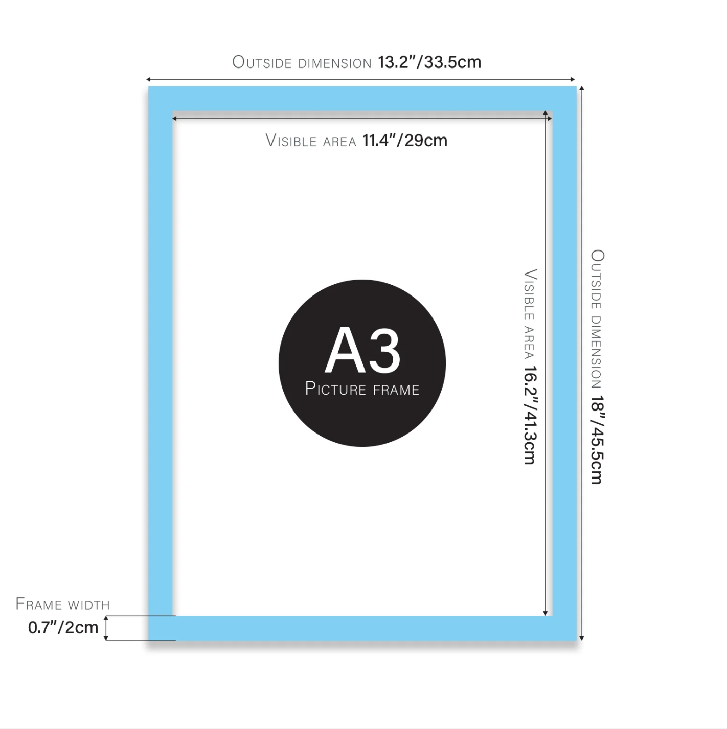 A3 picture frame with dimensions labeled on a white background