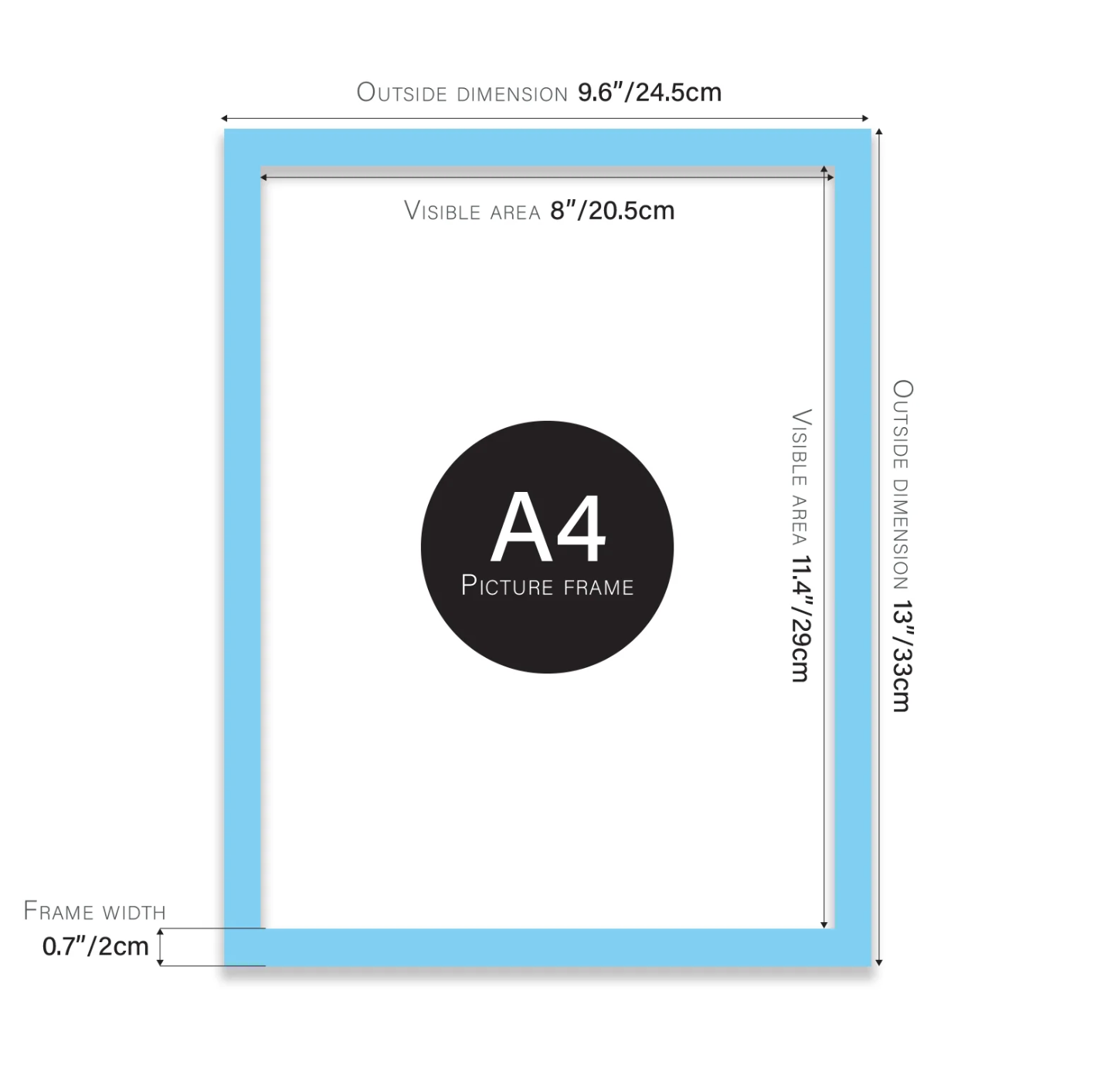 A4 picture frame with dimensions labeled on a white background