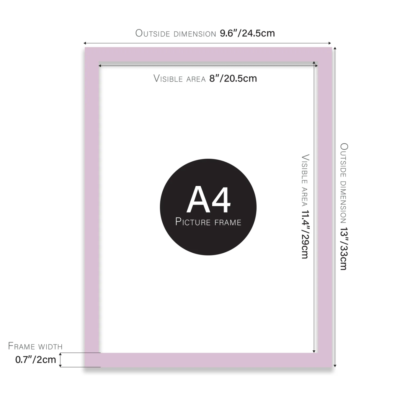 A4 picture frame with dimensions labeled on a white background