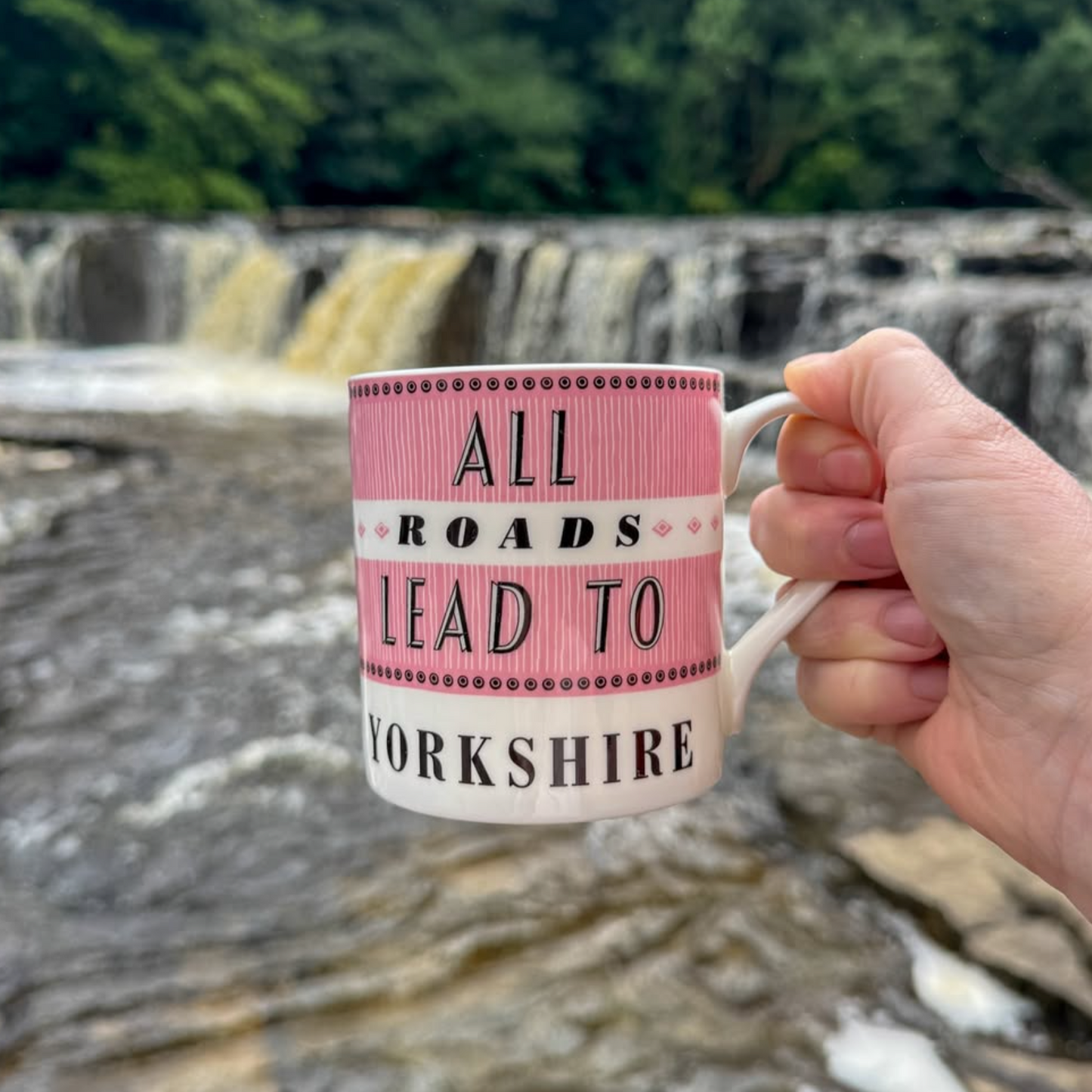 A hand holds a white ceramic mug with pink and black text reading 'ALL ROADS LEAD TO YORKSHIRE' in front of Aysgarth Falls waterfall and forest background.