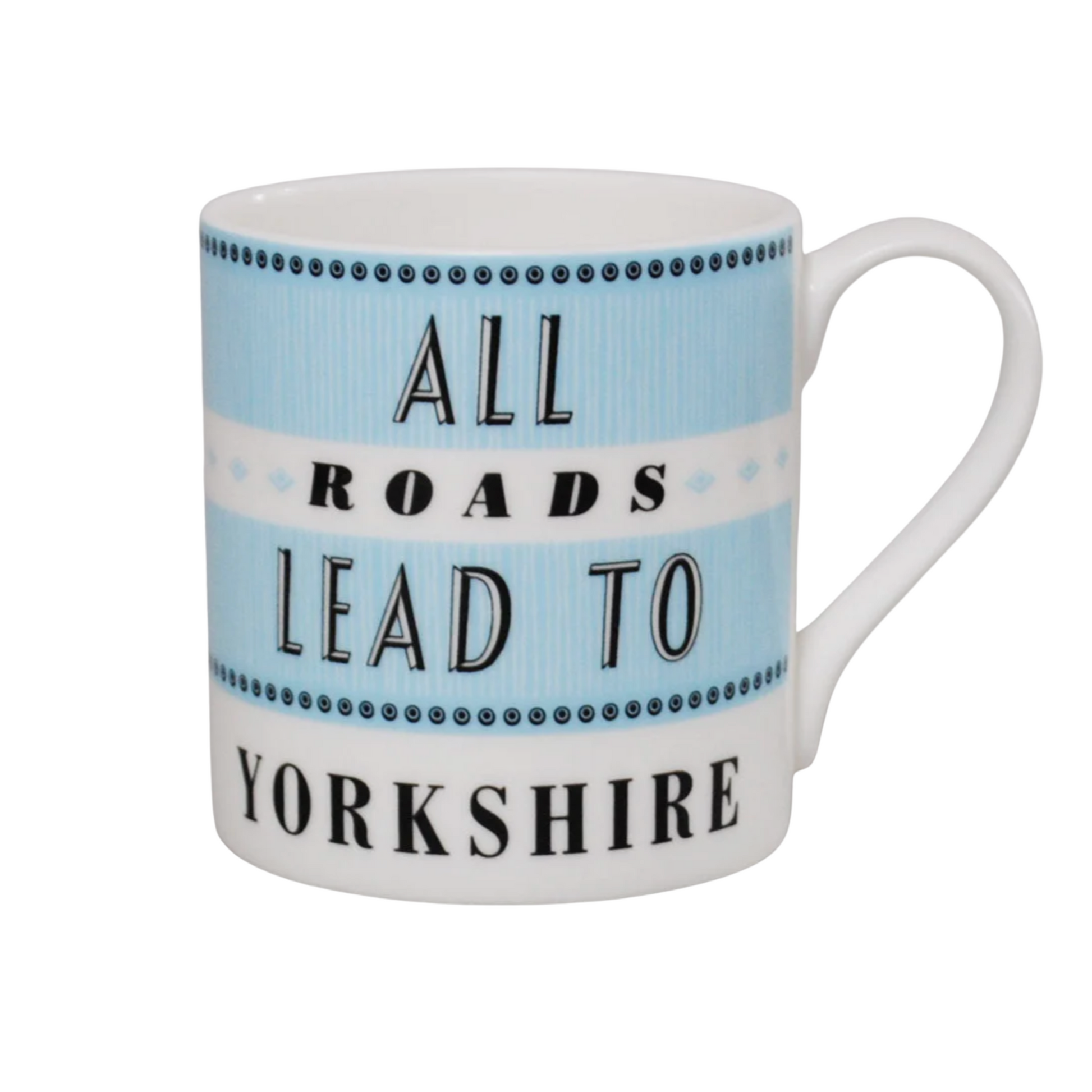 A white ceramic mug with a light blue and white striped design, featuring the text 'ALL ROADS LEAD TO YORKSHIRE' in black lettering.