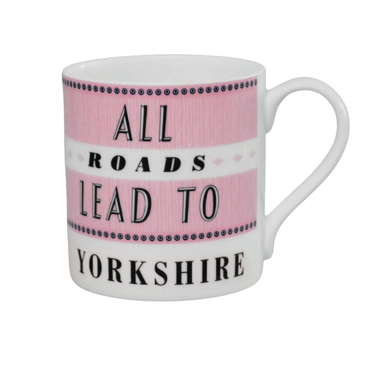 A white ceramic mug featuring a pink and white striped design with the text 'ALL ROADS LEAD TO YORKSHIRE' in black lettering.