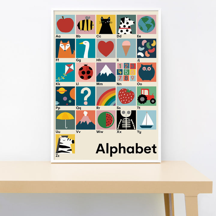 Children's alphabet poster with colorful illustrations on a white wall.