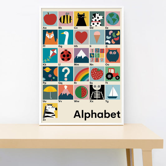 Children's alphabet poster with colorful illustrations on a white wall.