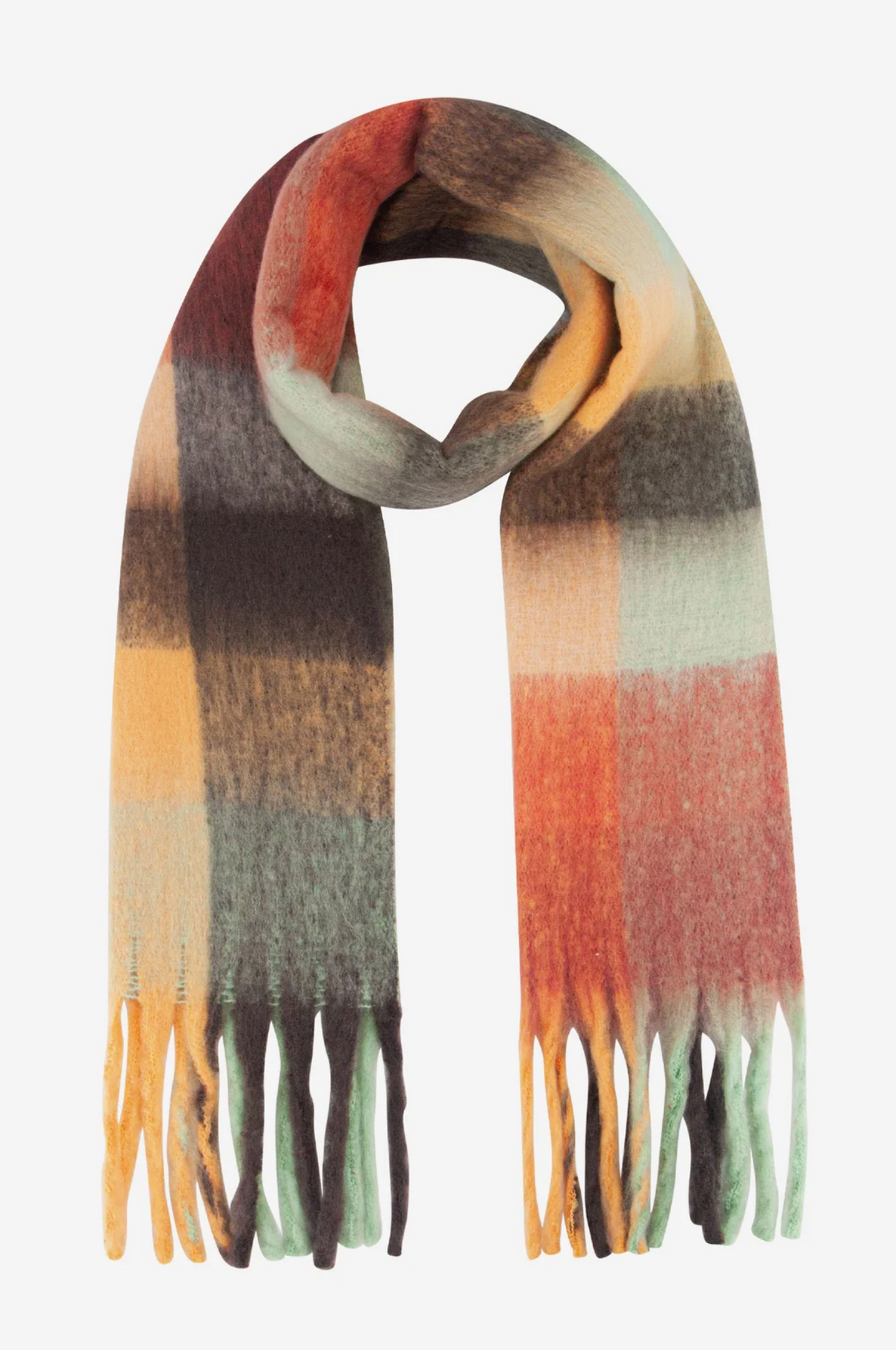 A multicolor plaid scarf with a soft, fuzzy texture and fringed ends, draped in a loop against a plain white background.