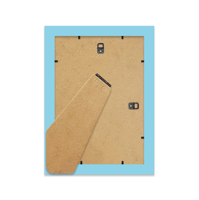 Back view of a light blue picture frame with cardboard backing