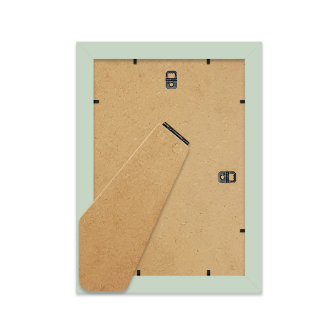 Back view of a light green picture frame with cardboard backing