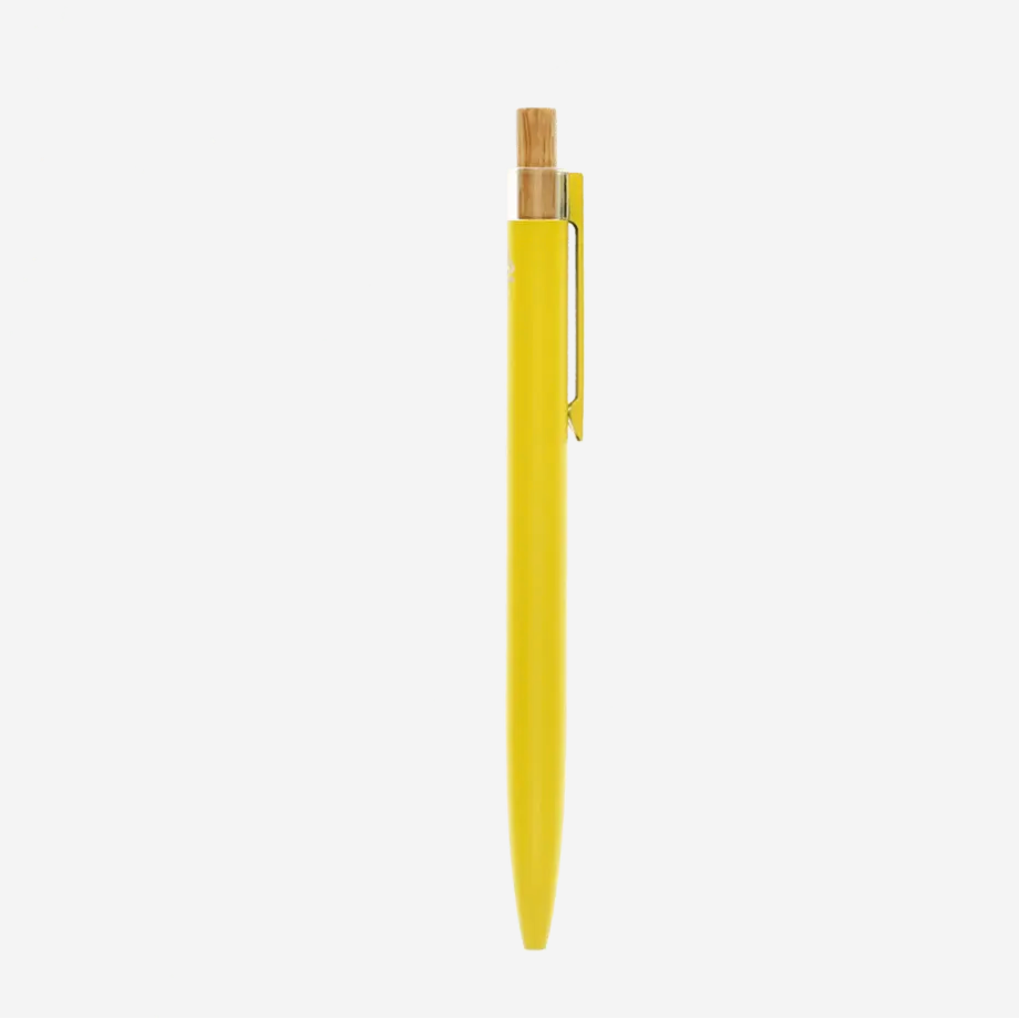 A slim yellow retractable pen with a natural wood clip and a light wood end detail, shown vertically against a plain light gray background.