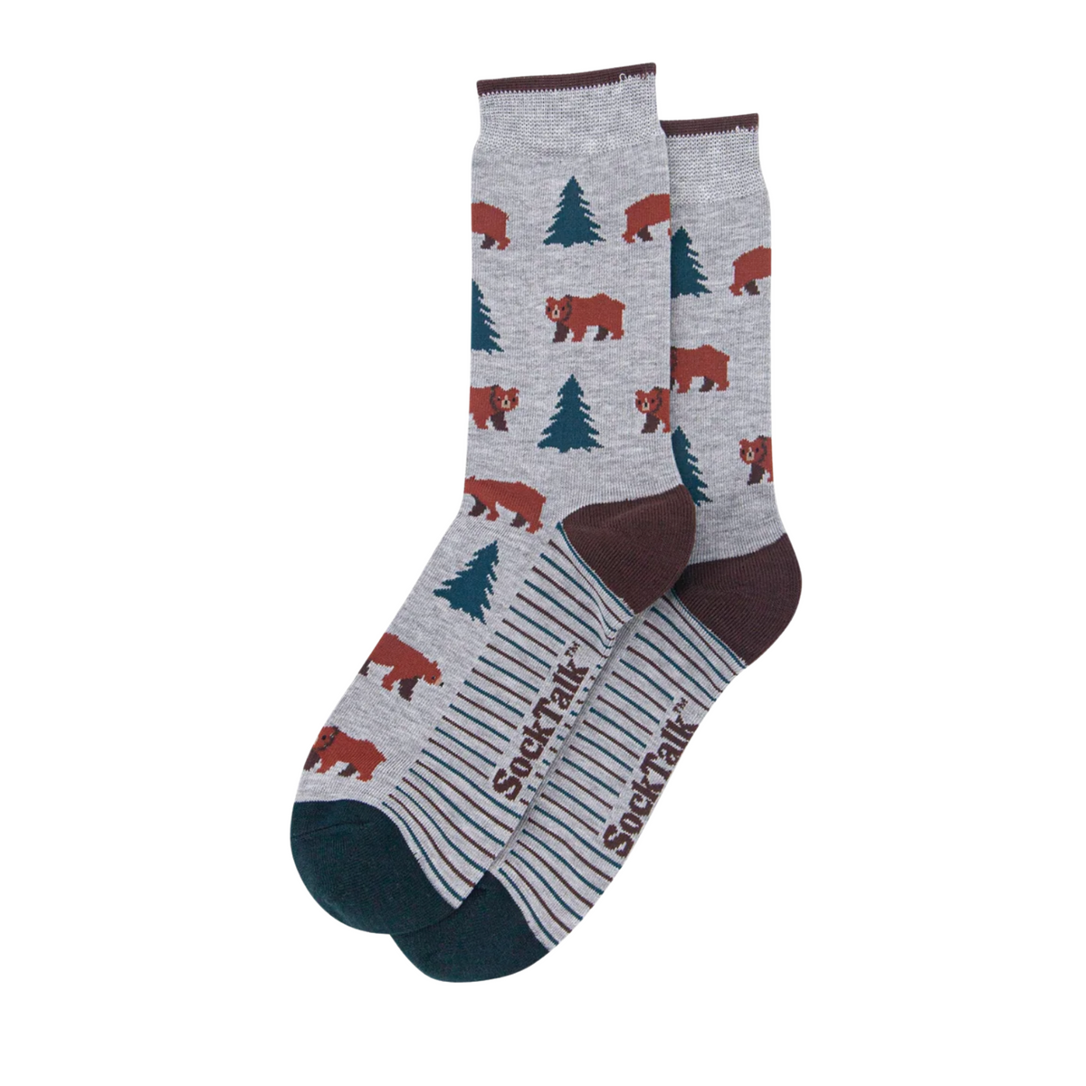 A pair of crew socks with a heather gray background featuring a pattern of brown bears and dark green pine trees. The toes and heels are dark brown, and the soles are dark teal.