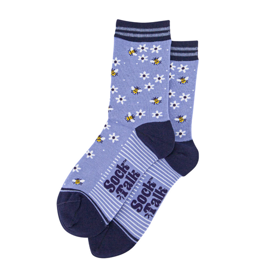 Women's Bamboo Socks - Sky Blue/Navy Blue, Bee and Flowers