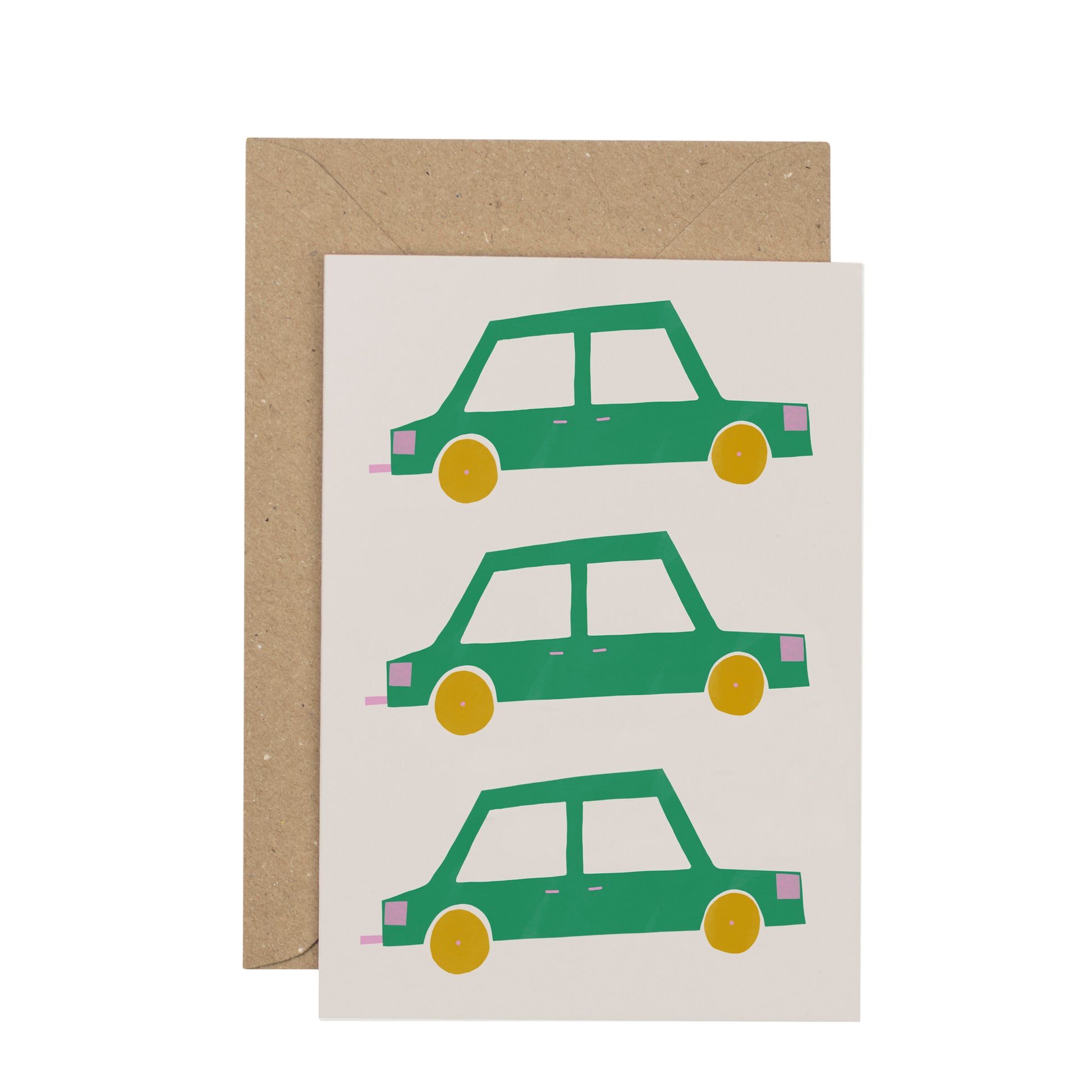 Card with green cars on a white background