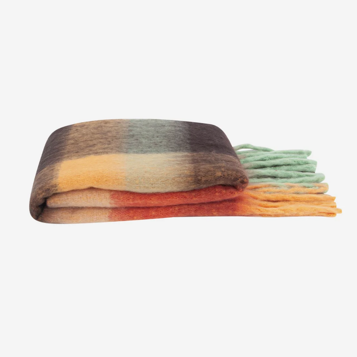 A folded plaid wool scarf with fringe, featuring a color-blocked pattern of brown, sage green, yellow, orange, and red on a light gray background.