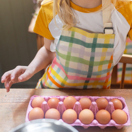 Children's apron 100% cotton with adjustable neck strap. Bright coloured gingham design.