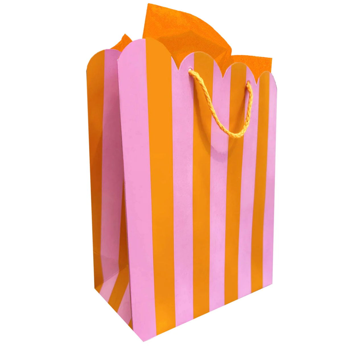 Colorful striped shopping bag with a visible brand name on a white background