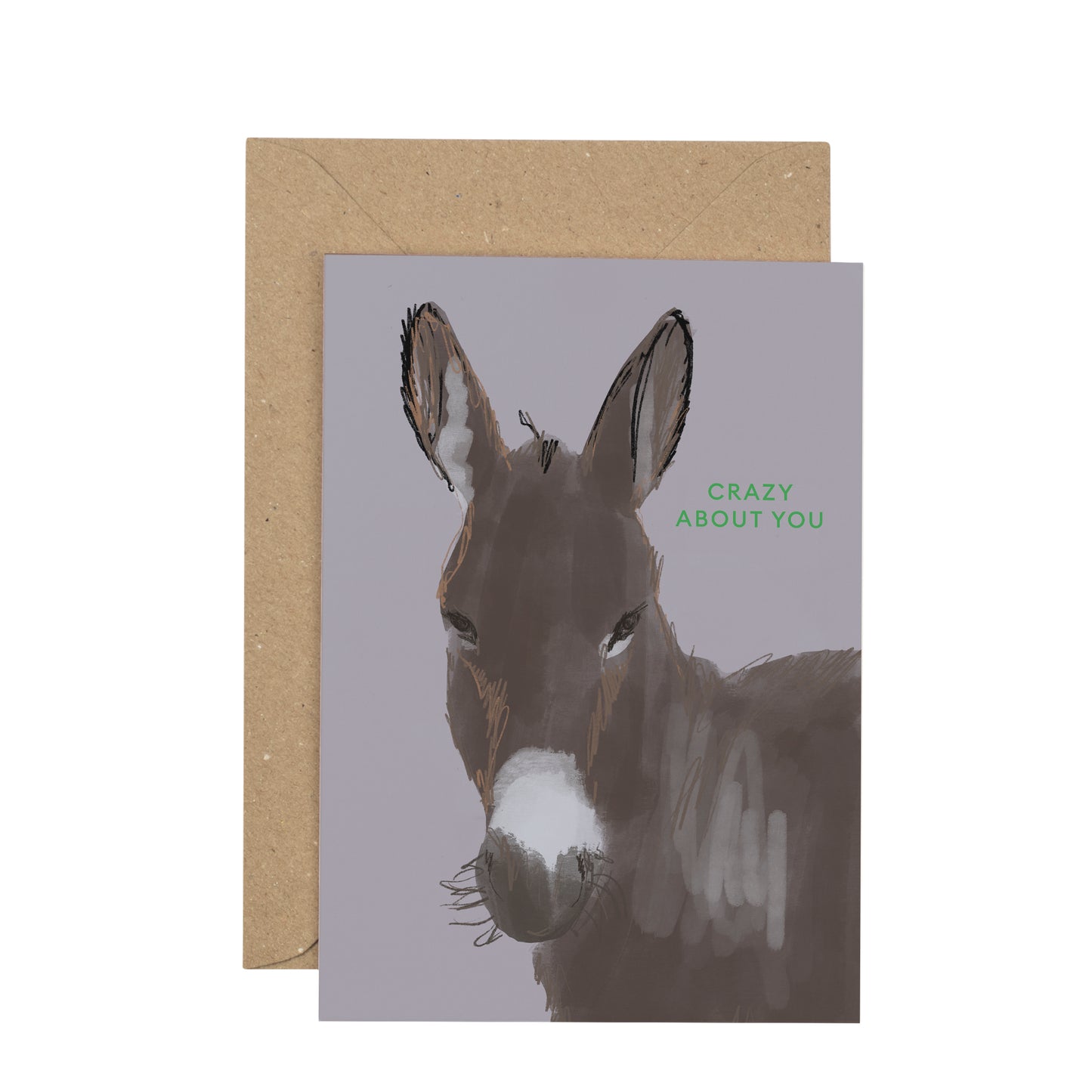 Card with a donkey illustration and 'Crazy About You' text on a gray background, with a brown envelope.