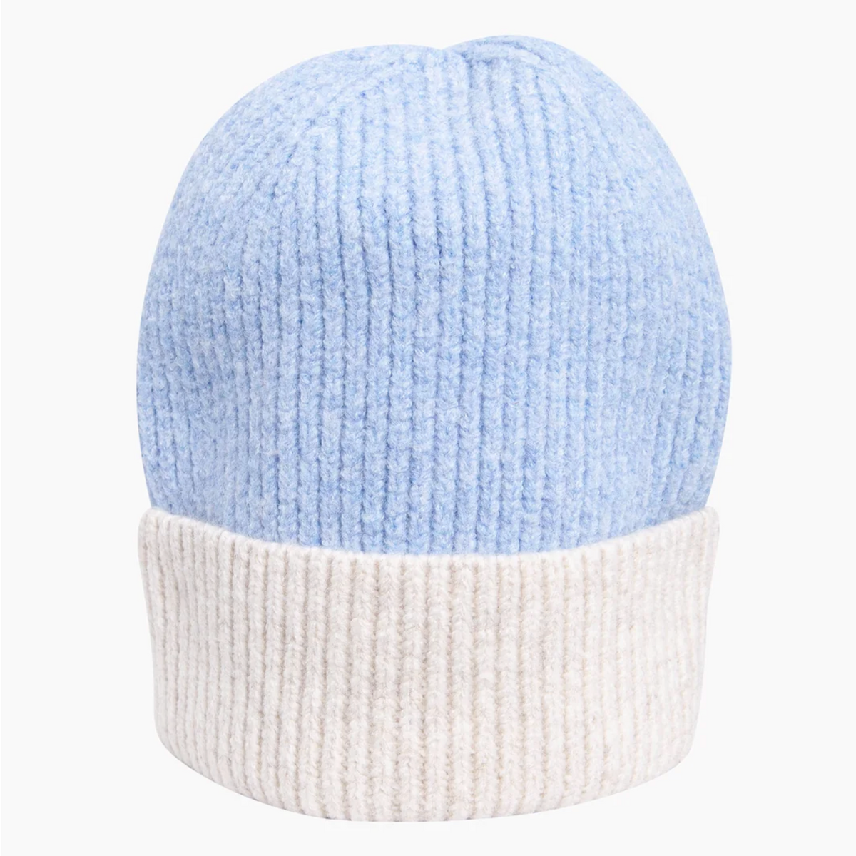 A ribbed knit beanie hat with a light blue top and an off-white folded cuff, shown against a plain light background.