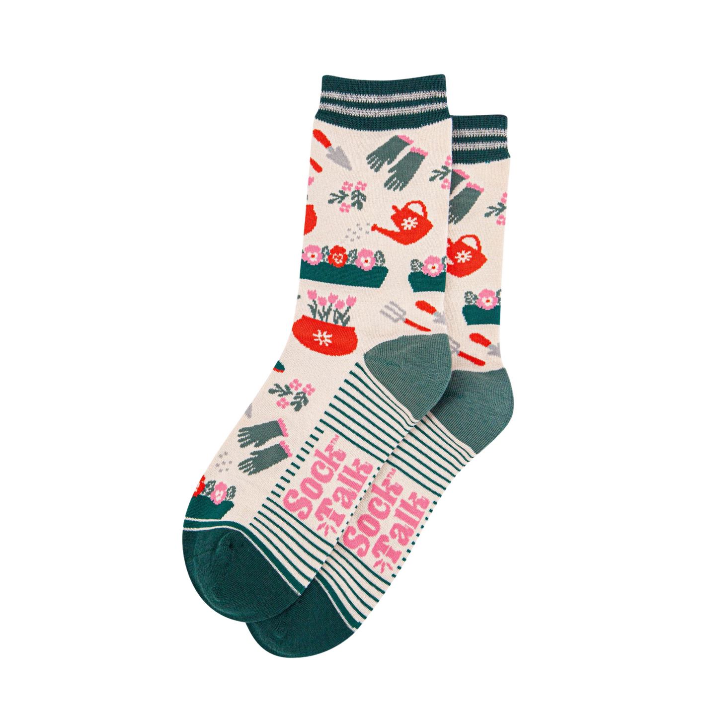 Pair of socks with gardening design and text on a white background