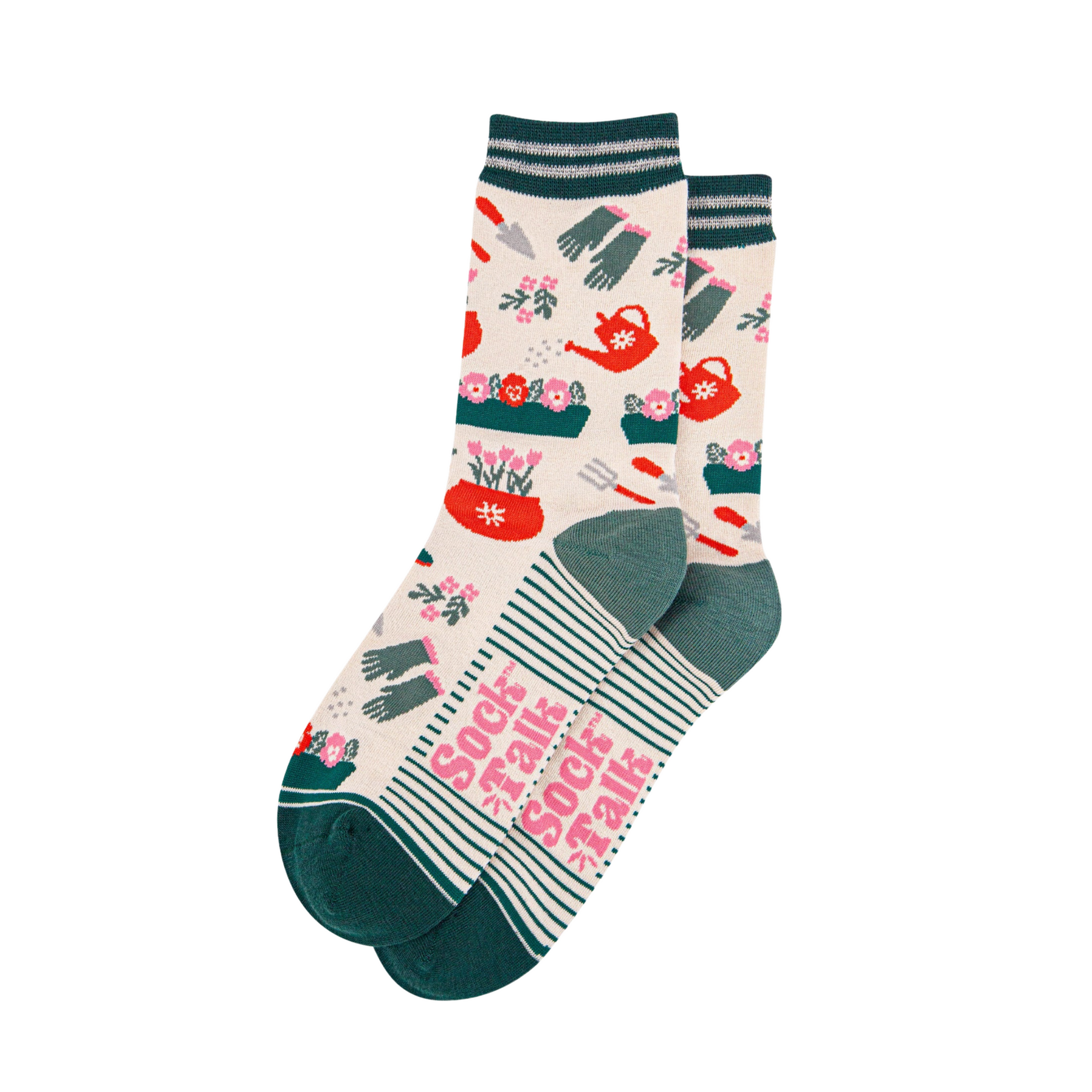 Pair of socks with gardening design and text on a white background