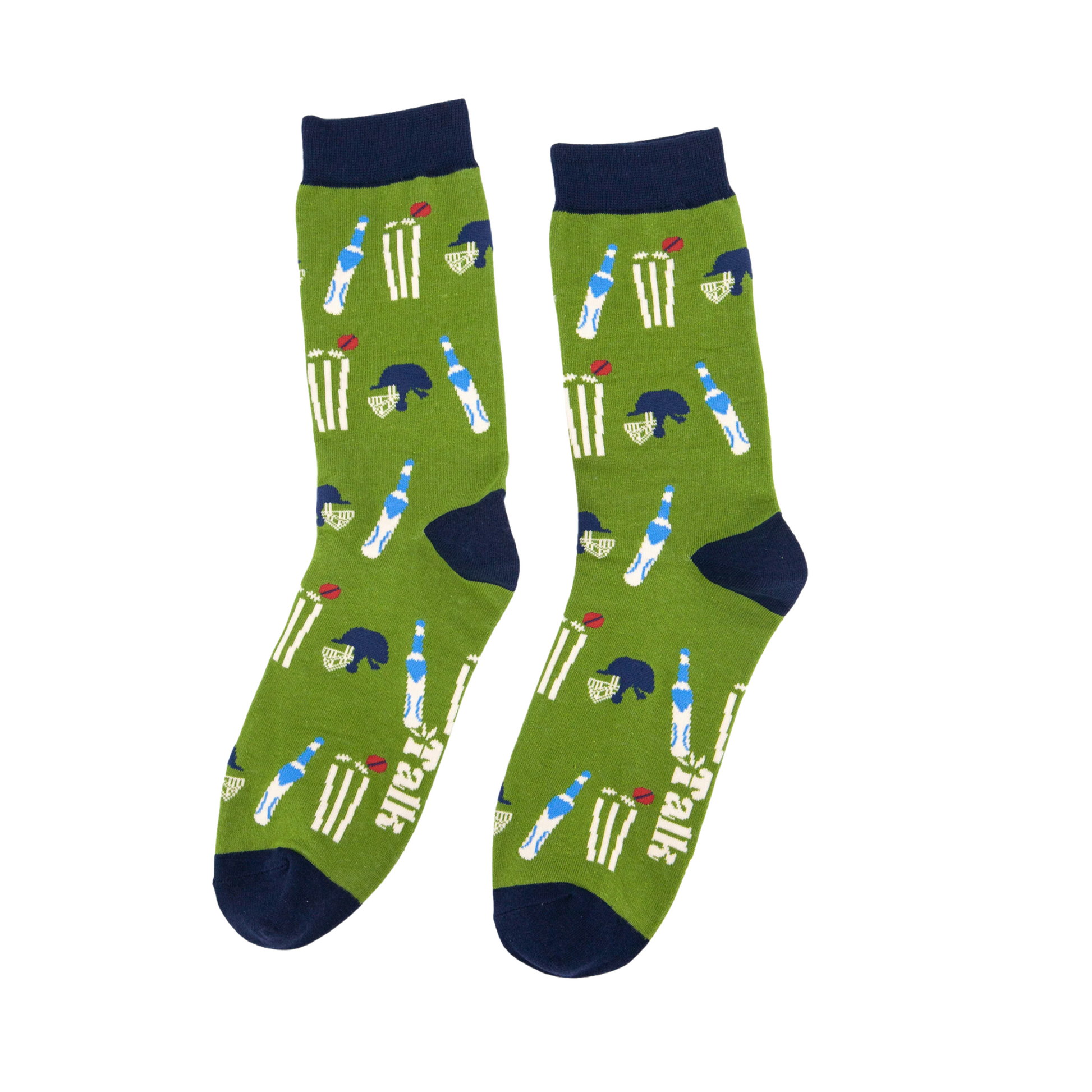 Green socks with cricket-themed design on a white background