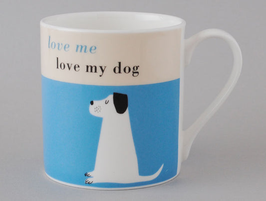 Mug with dog illustration and text 'love me love my dog' on a blue background