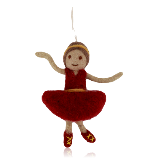 Felted ornament of a dancer in a red dress on a white background