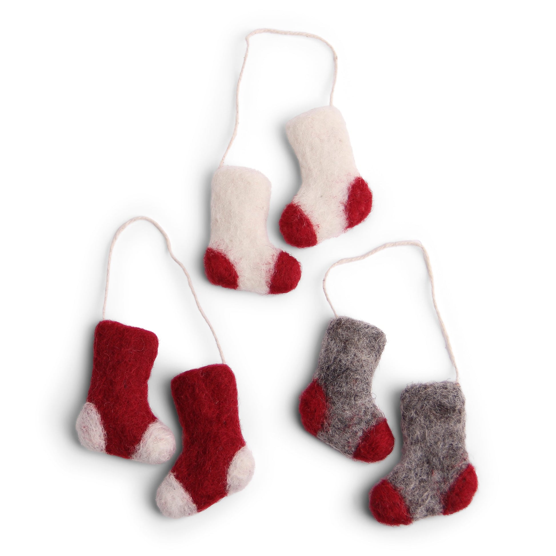 Set of three felted wool socks in red, gray, and white on a white background