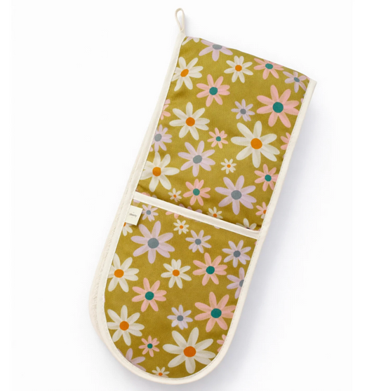 Floral-patterned oven mitt on a white background