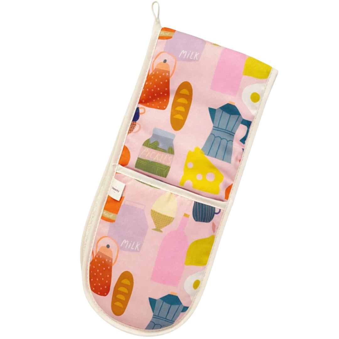 double oven gloves with a food illustration, on a white background