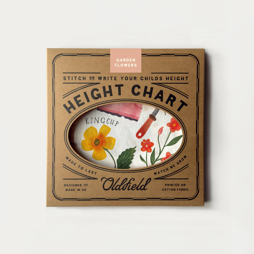 Height chart with floral design and 'Oldfield' branding on a white background