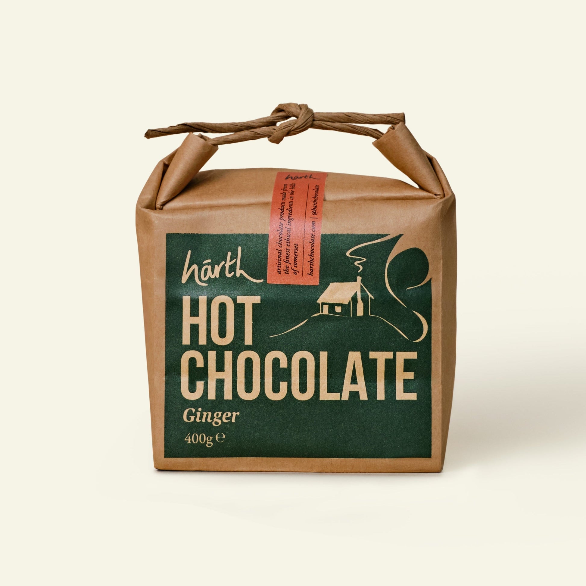 Harth hot chocolate packaging with ginger flavor on a beige background 400g
