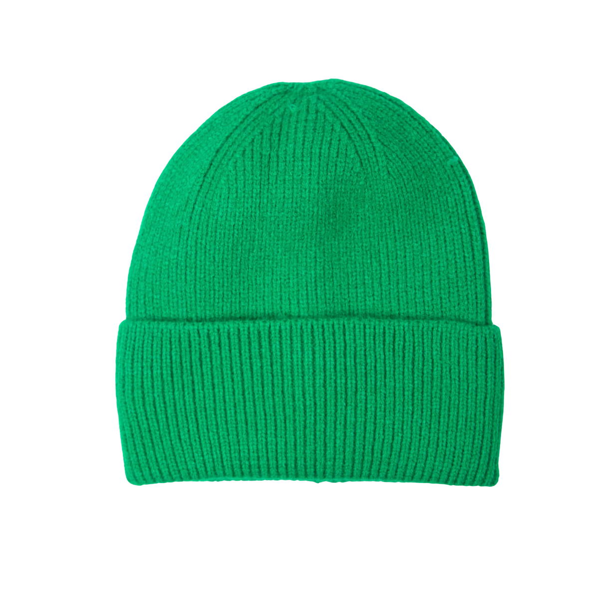 A bright green ribbed knit beanie hat shown flat against a solid white background.