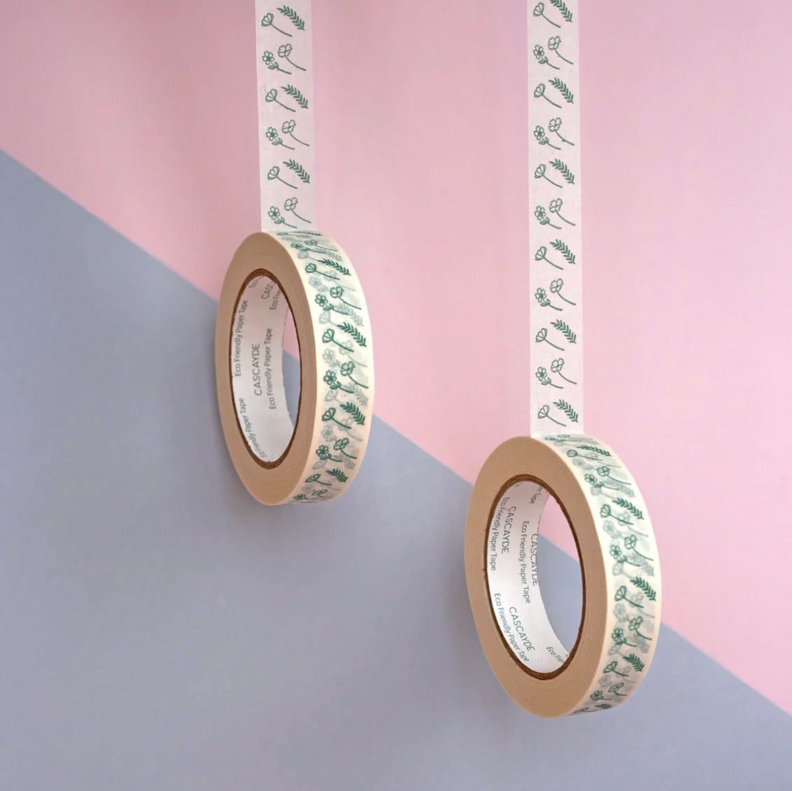 Two rolls of decorative tape with a floral pattern on a pink and gray background