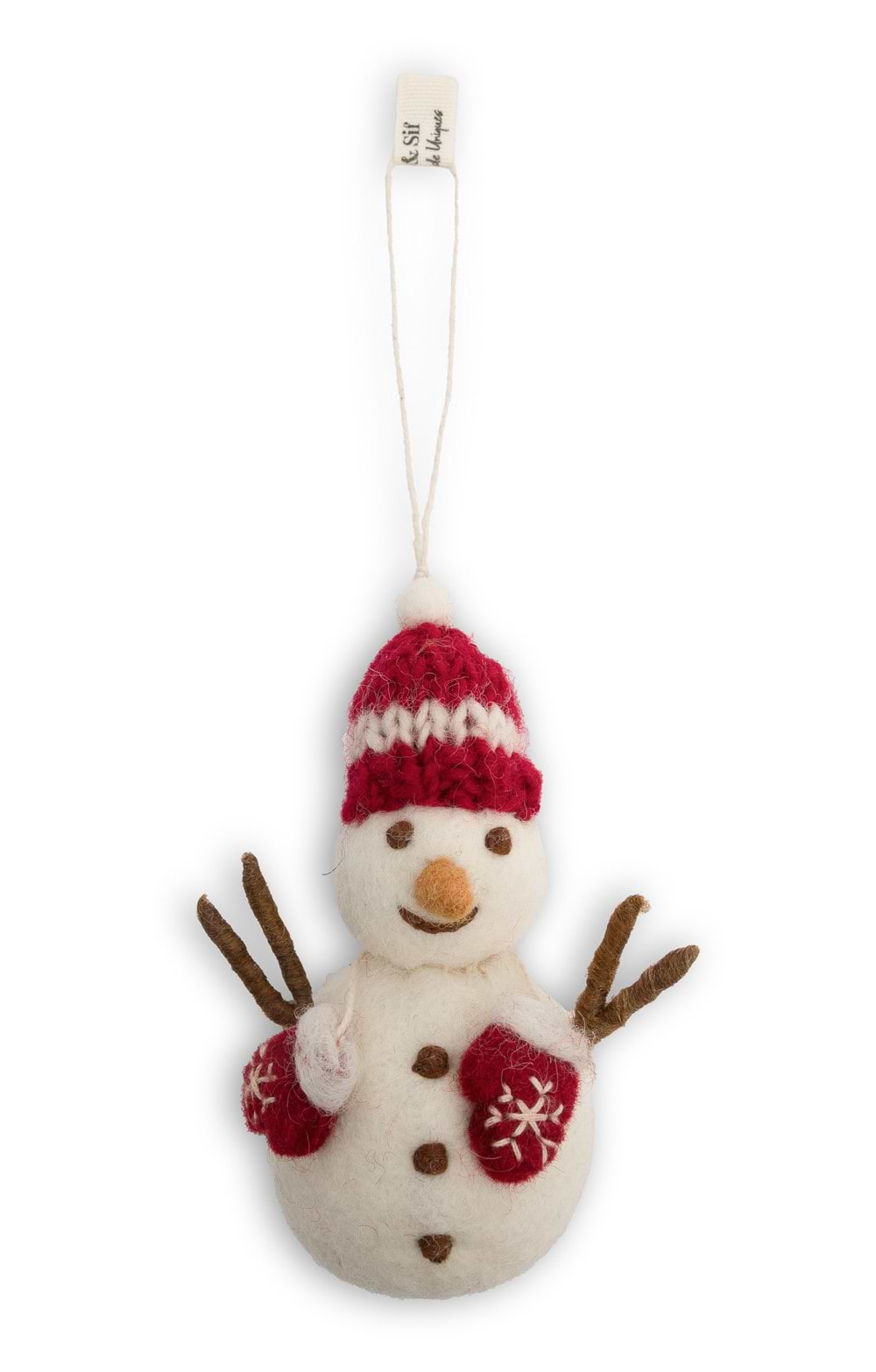 A felt snowman ornament with a red and white knit hat, red mittens, and brown twig arms, hanging from a white string on a plain white background.